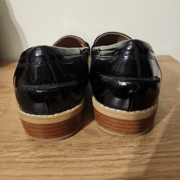 Steve Madden Patent Leather Penny Loafers Black Mellany Shiny Stacked Heel - Picture 2 of 4